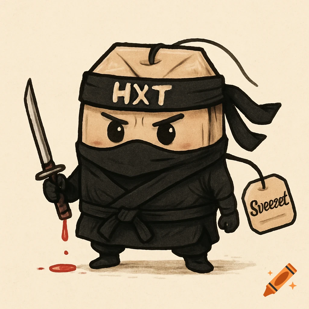 Cute cartoon tea bag ninja holding a bloody katana, with 'HXT' on its headband and 'Sveeeet' on a tag.