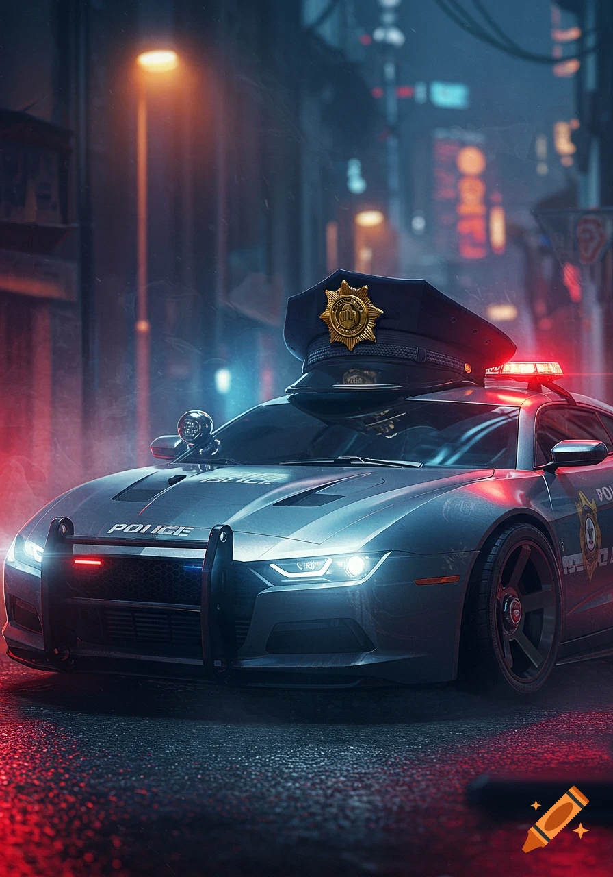 Photorealistic police car with a police hat on its hood, parked on a wet, neon-lit cyberpunk city street at night.