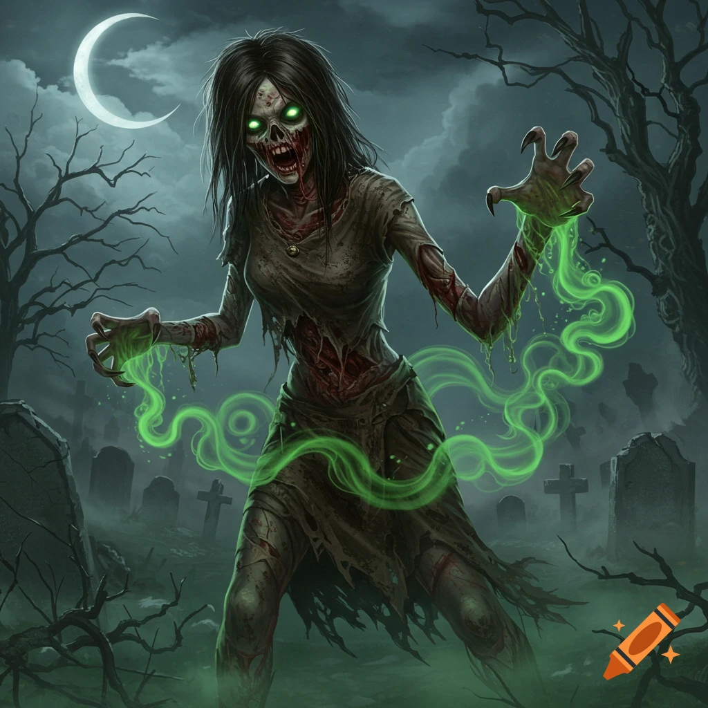 A decaying zombie woman with glowing green eyes and tattered clothes, surrounded by green mist, stands in a foggy graveyard under a crescent moon.