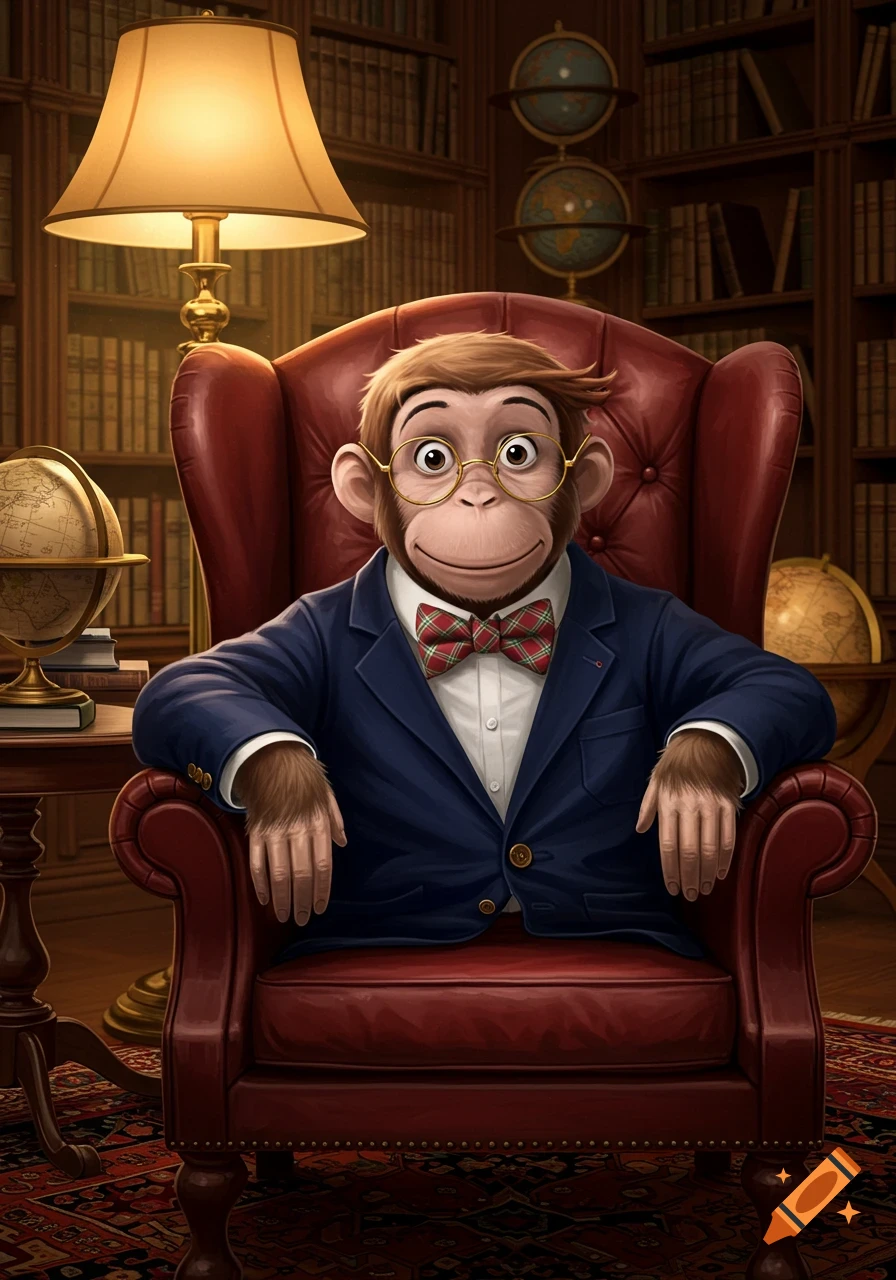 Cartoon monkey in a blue suit, bow tie, and glasses sits in a red leather armchair in a library filled with bookshelves and globes.