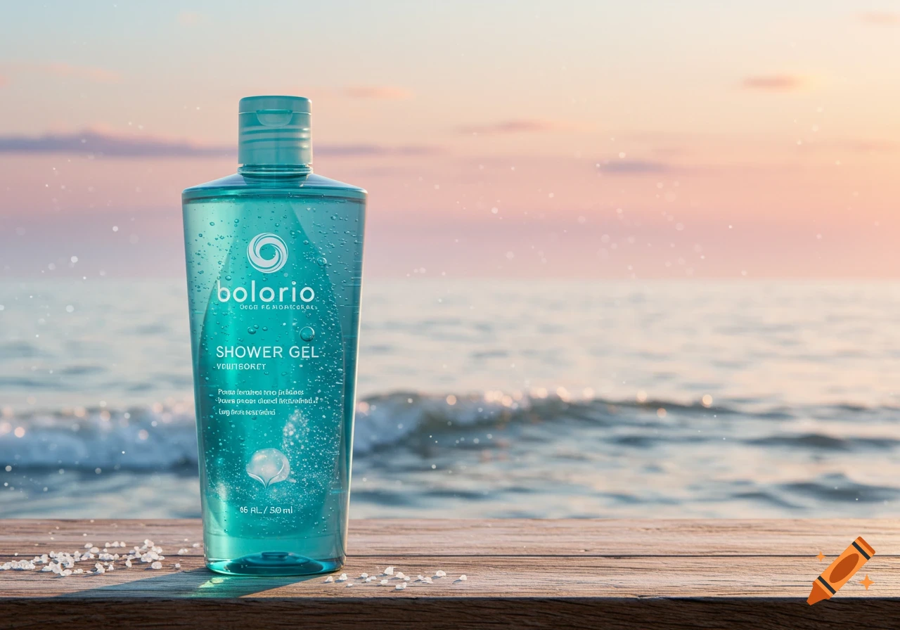 Teal shower gel bottle with water droplets on a wooden surface with salt, against a blurred sea and sunset sky.