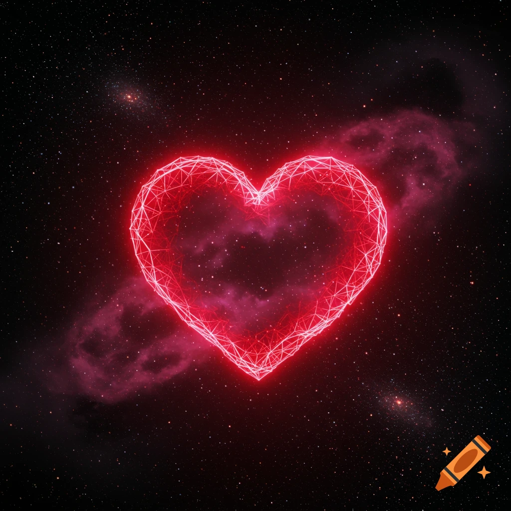 A glowing red geometric wireframe heart against a dark, starry space background with faint red nebulae.