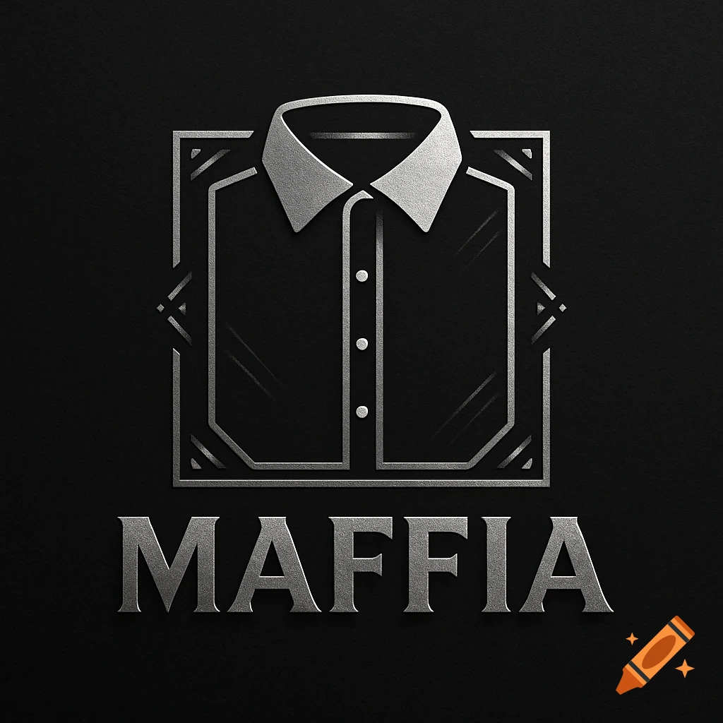 Silver metallic logo of a collared shirt in a geometric frame with the word 'MAFFIA' on a dark background.