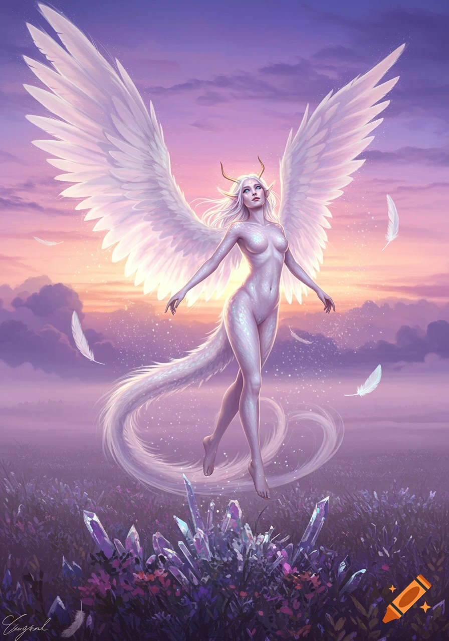 A white-skinned winged dragon-girl with horns and a long tail floats above a field of purple flowers and glowing crystals at sunset, with soft purple and orange skies.
