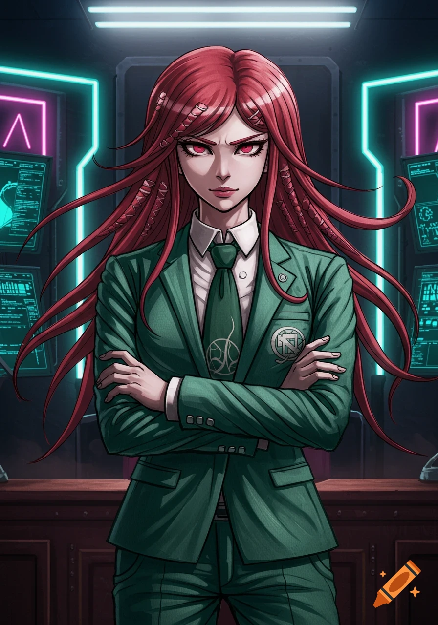 An anime girl with long red hair and red eyes, wearing a dark green suit, stands with crossed arms in a neon-lit room.