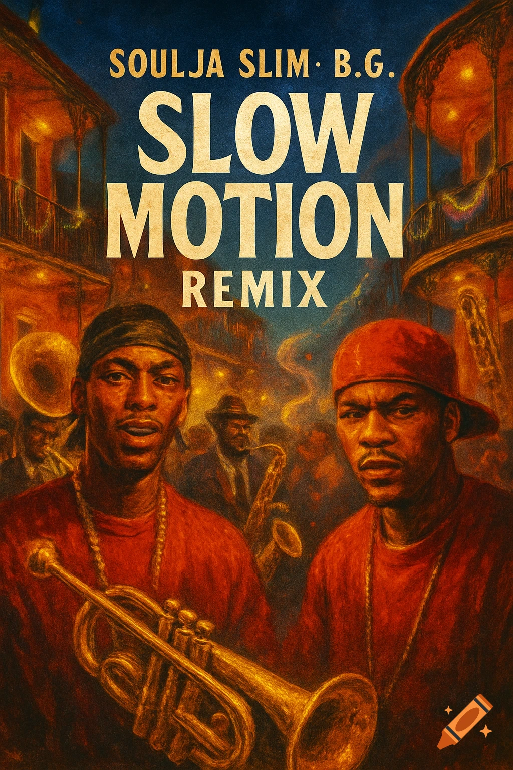 Painterly album art featuring two men, one with a trumpet, against a vibrant New Orleans street scene with musicians. Text reads 'Soulja Slim B.G. Slow Motion Remix'.