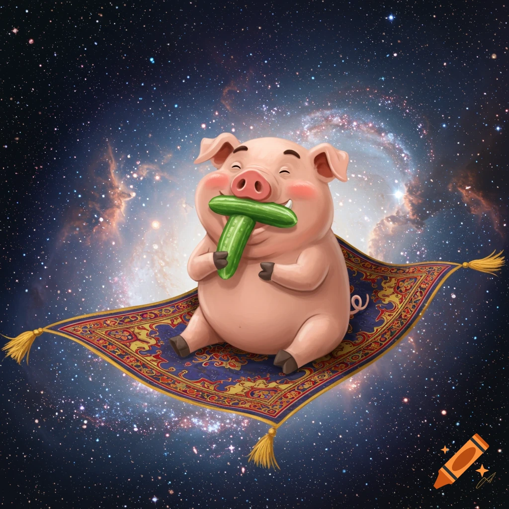 A happy cartoon pig eating a cucumber while sitting on a patterned magic carpet, floating through outer space among stars and galaxies.
