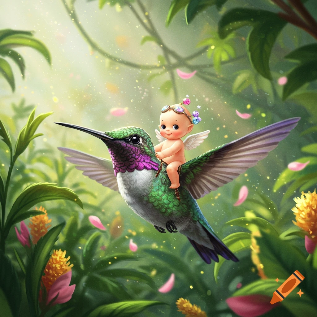 A whimsical baby doll with wings and goggles rides a vibrant hummingbird through a glowing, lush jungle.