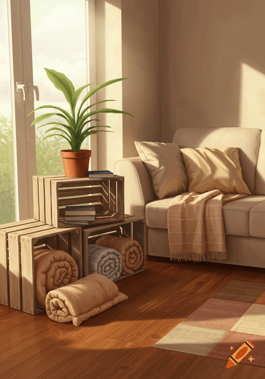 An illustration of a cozy living room with wooden crates, a potted plant, blankets, and a couch, bathed in natural light.