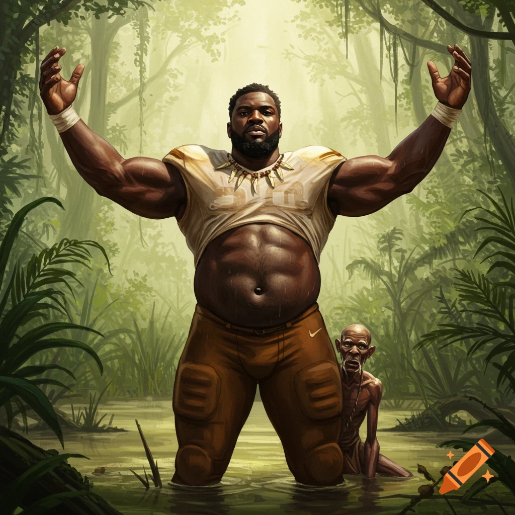 An illustration of a large, muscular black man, resembling a football player, standing in a swampy jungle with arms raised. A small, emaciated old man sits in the water near his leg.