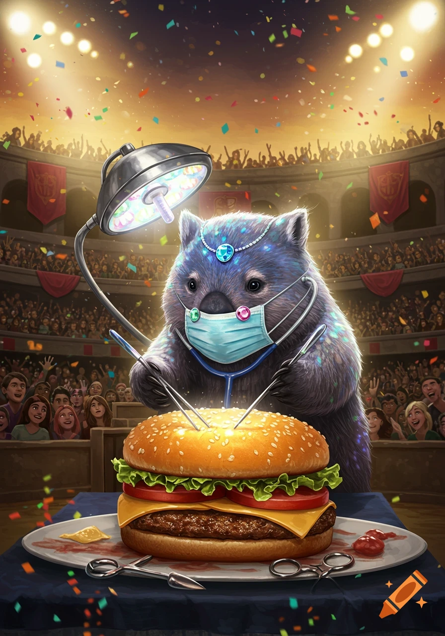 A jewel-adorned wombat in a surgical mask and stethoscope performs surgery on a burger under a bright lamp, in a packed, confetti-filled arena.