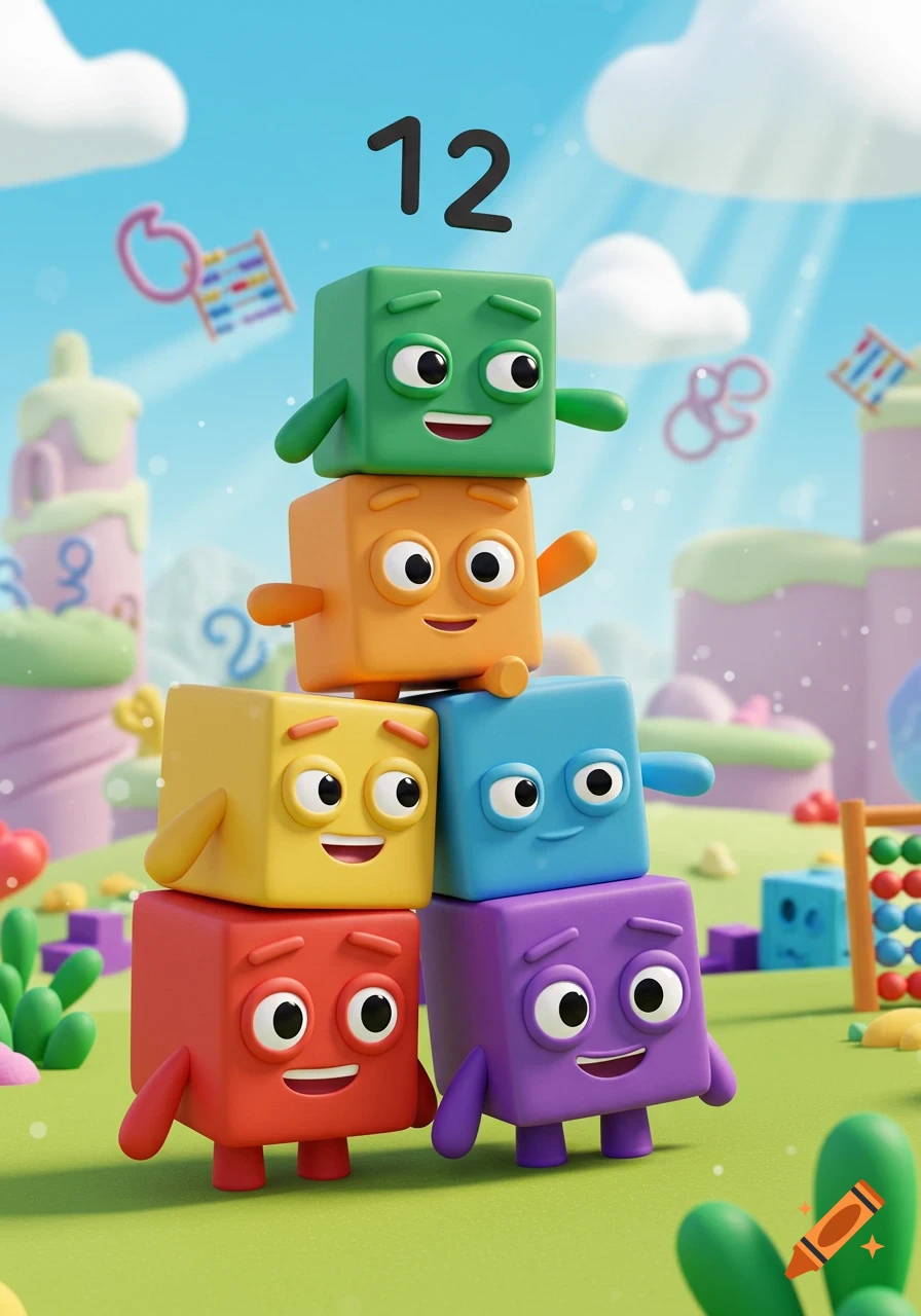 Colorful cube-shaped Numberblocks characters stacked up in a vibrant, playful landscape with the number 12 floating above.