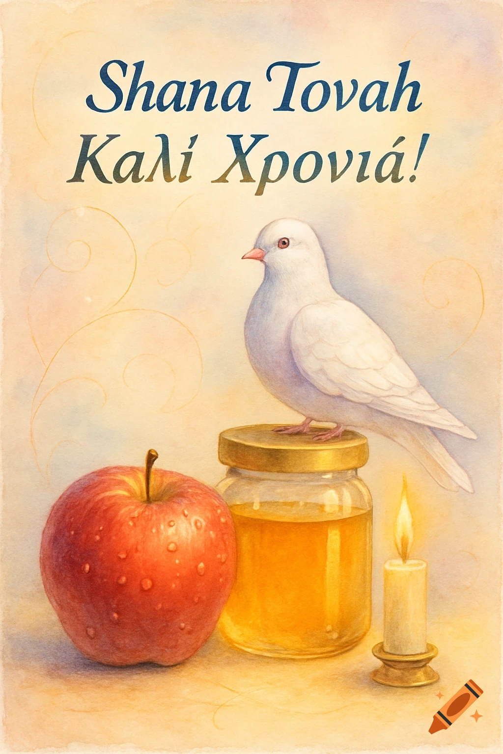 Watercolor illustration of a red apple, honey jar, white dove, and lit candle with 'Shana Tovah Καλή Χρονιά!' text.