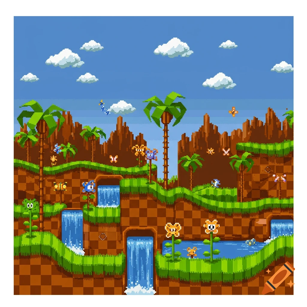 Vibrant pixel art landscape, inspired by Sonic's Green Hill Zone, with green hills, palm trees, waterfalls, and a blue sky.