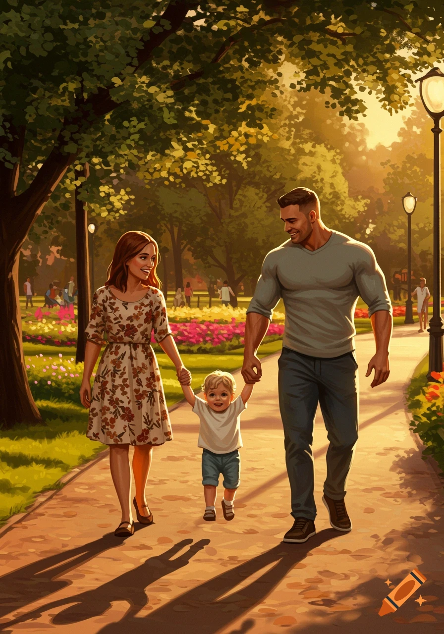 Smiling family of three, mom, dad, and young child, walking hand-in-hand in a sunny park, illustrated.