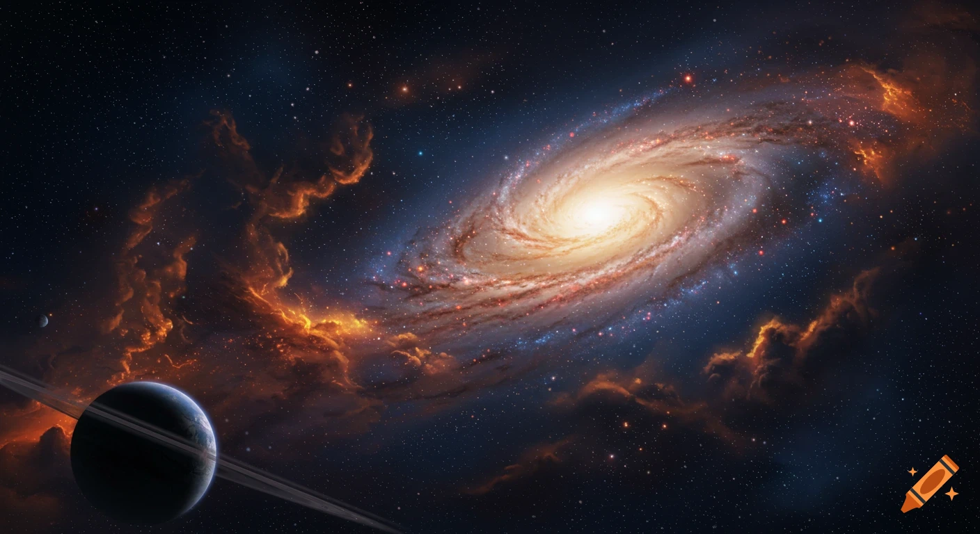 A vibrant spiral galaxy with glowing orange nebulae and a ringed planet in the foreground, set against a star-filled dark blue space.