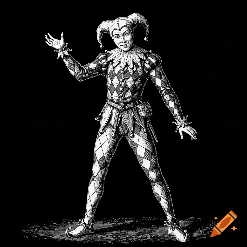 Black and white engraving of a medieval jester in a diamond-patterned suit and a bell-adorned cap, with one hand raised.