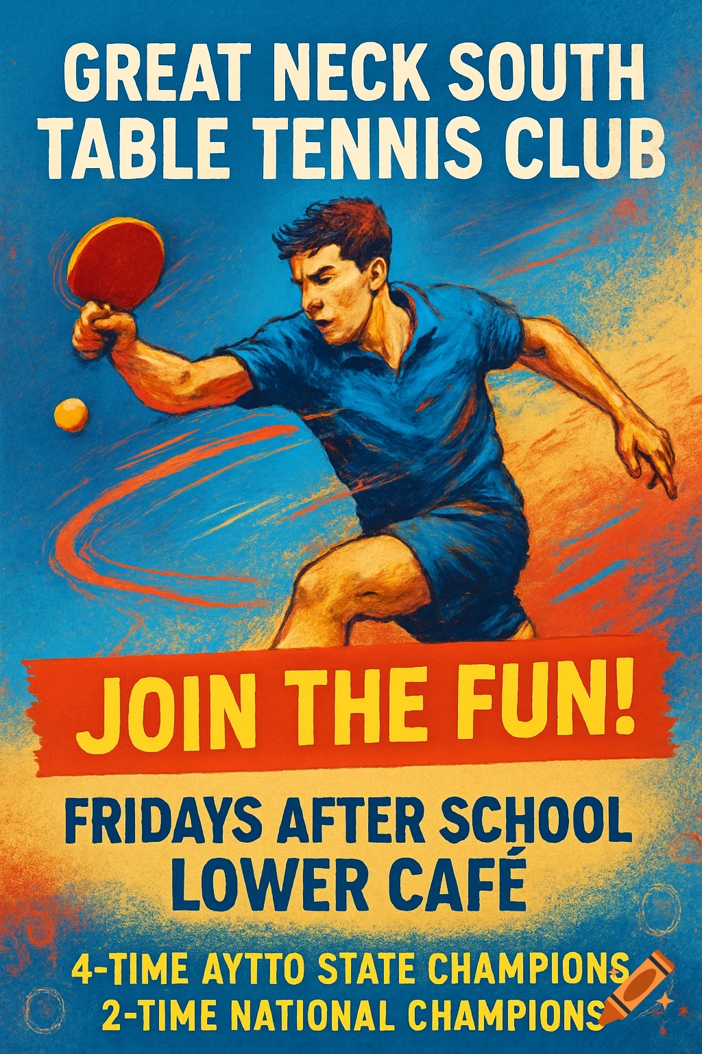 Vintage-style flyer for Great Neck South Table Tennis Club, showing a male player in action. Text details meeting times and championships.