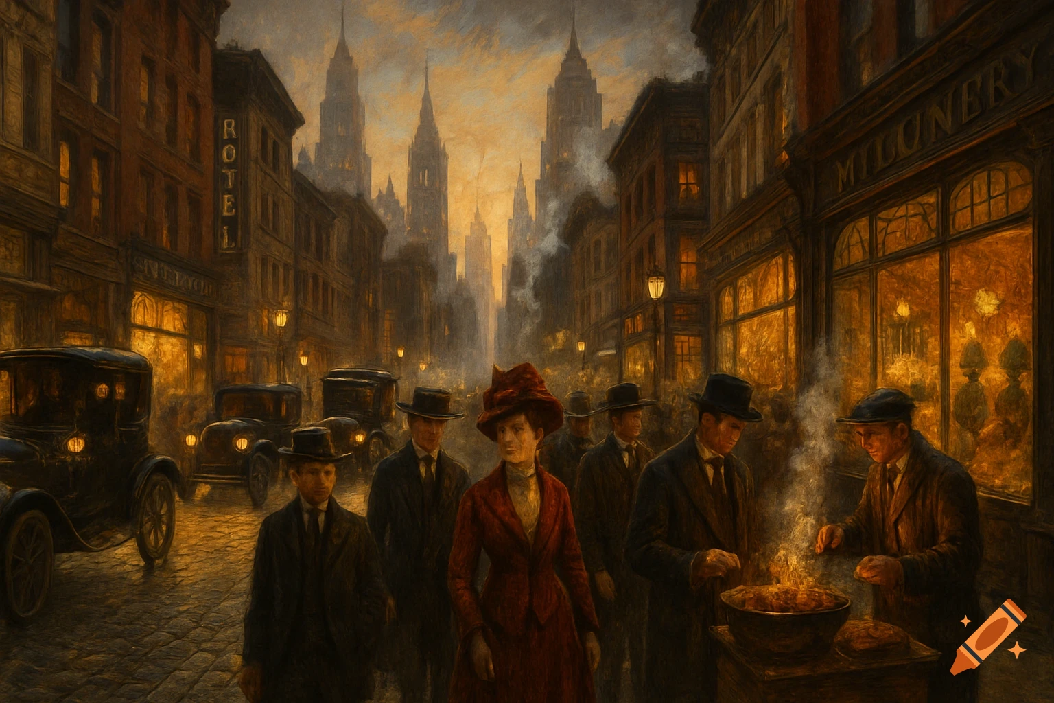 A dark, atmospheric painting of a busy historical city street at dusk, with well-dressed people, vintage cars, and illuminated shop windows.