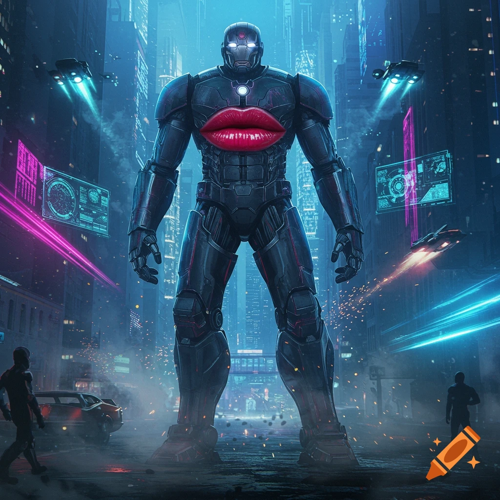 A large dark sci-fi robot with oversized red lips on its chest stands in a neon-lit futuristic city.