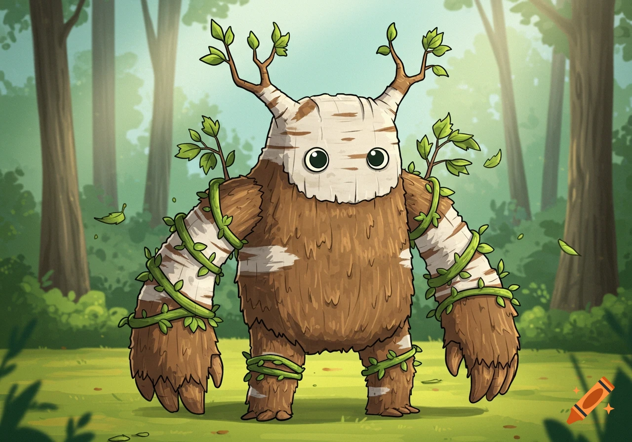 Cartoon illustration of a cute wooden monster with birch bark and green vines in a forest.