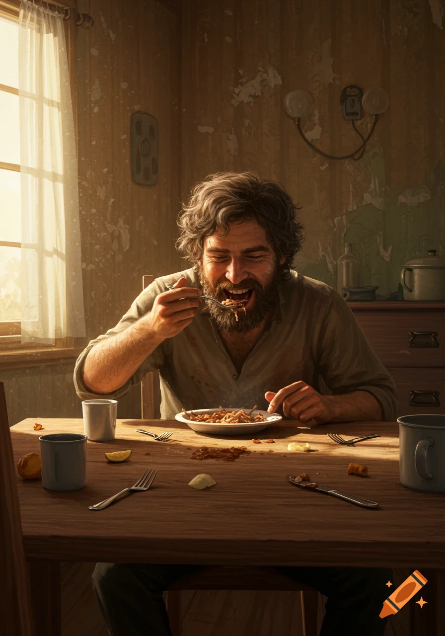 A bearded man with curly hair happily eats a meal from a bowl at a rustic wooden table in a sunlit, worn room.