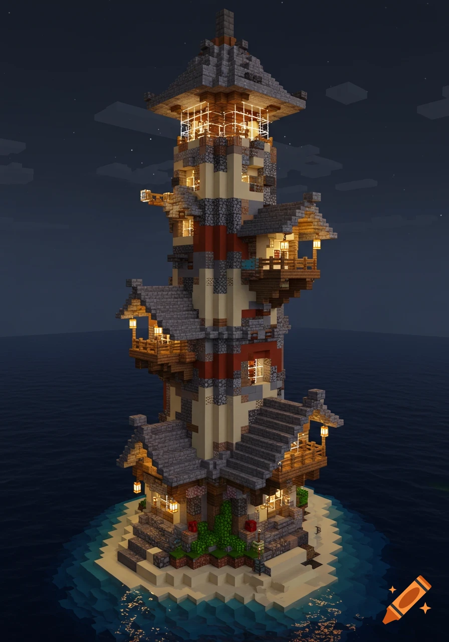 An intricate Minecraft lighthouse made of different stones with multiple illuminated porches, standing on a small island at night.