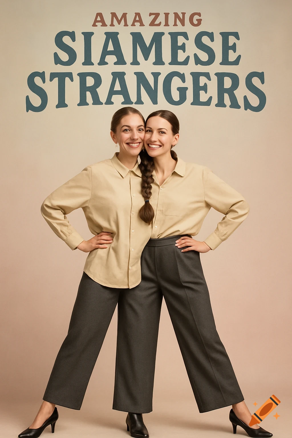 Two smiling women in a visual illusion, sharing a shirt and pants, with the title 'AMAZING SIAMESE STRANGERS' above them.