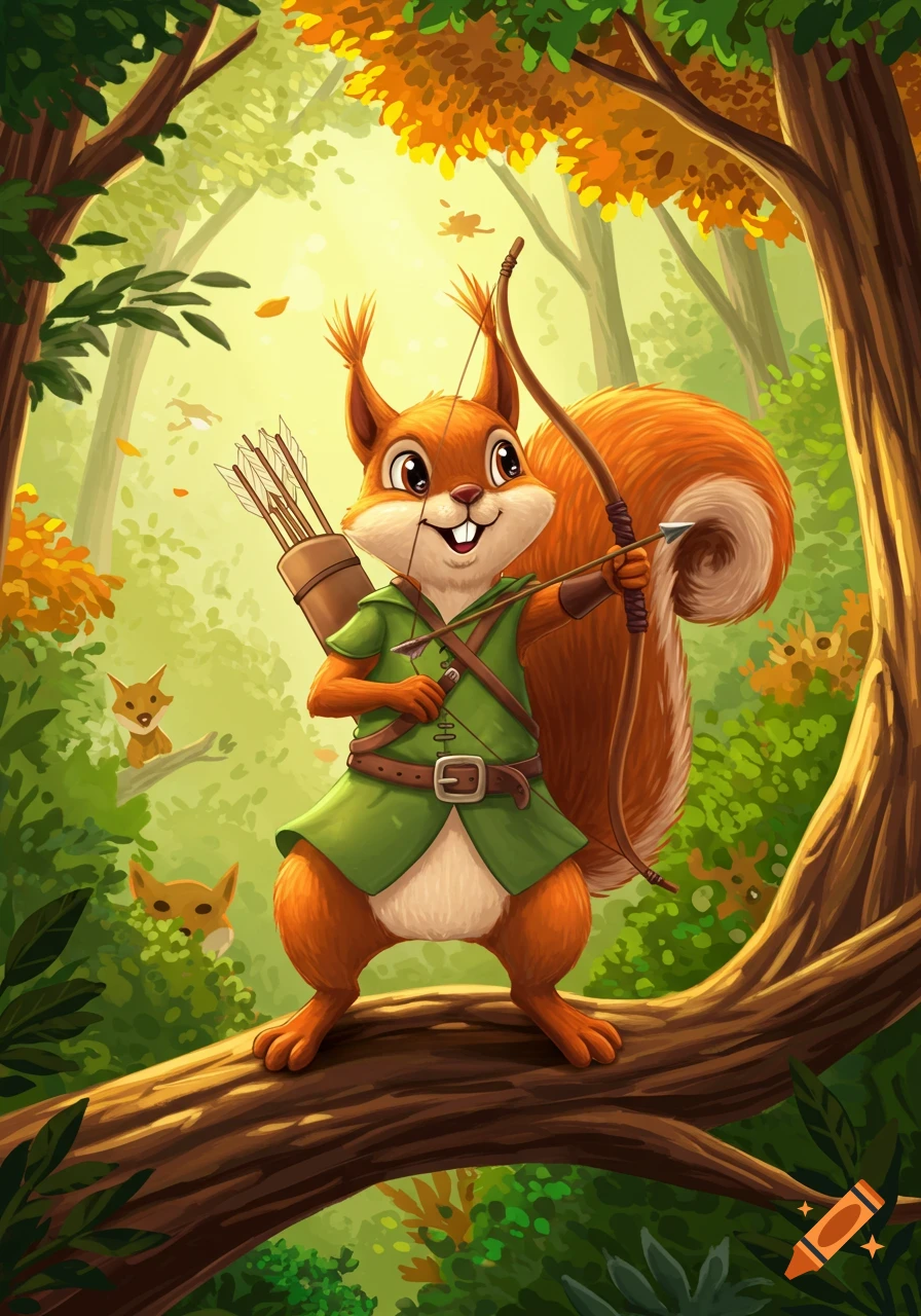 A cute cartoon squirrel dressed as an archer, holding a bow and arrow, standing on a tree branch in a vibrant, leafy forest.