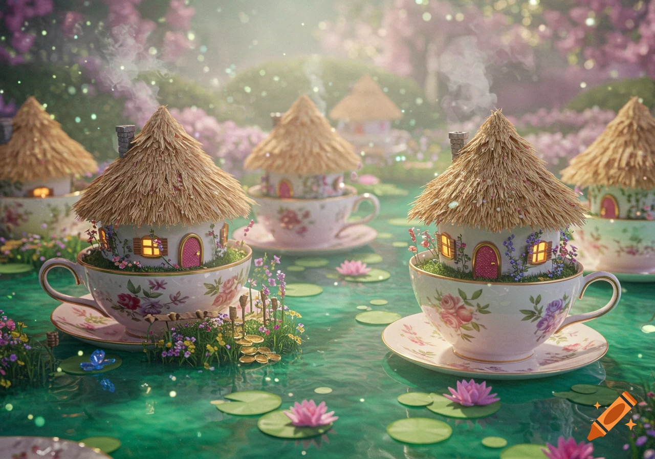 An enchanted miniature village with houses built into ornate teacups floating on a shimmering pond with lily pads in a dreamy garden.