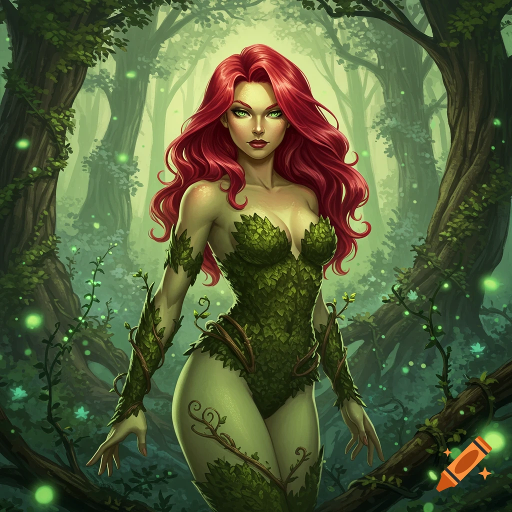 Poison Ivy with long red hair and a leaf costume poses in a lush green forest with glowing lights, in a stylized art style.