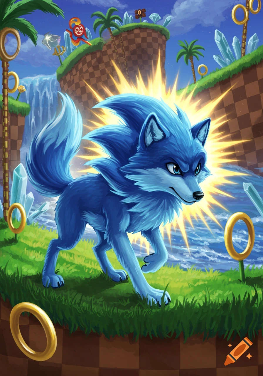 Blue wolf with spiky fur, resembling Sonic, runs through a vibrant cartoonish landscape with gold rings and waterfalls.