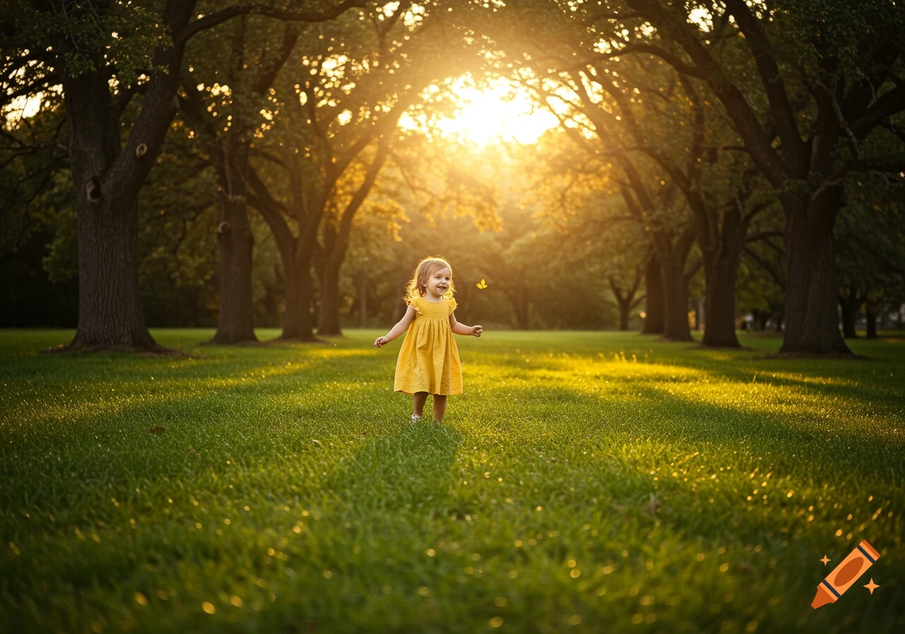 A small child in a yellow dress stands in a sunlit green field with trees, looking at a butterfly during golden hour.