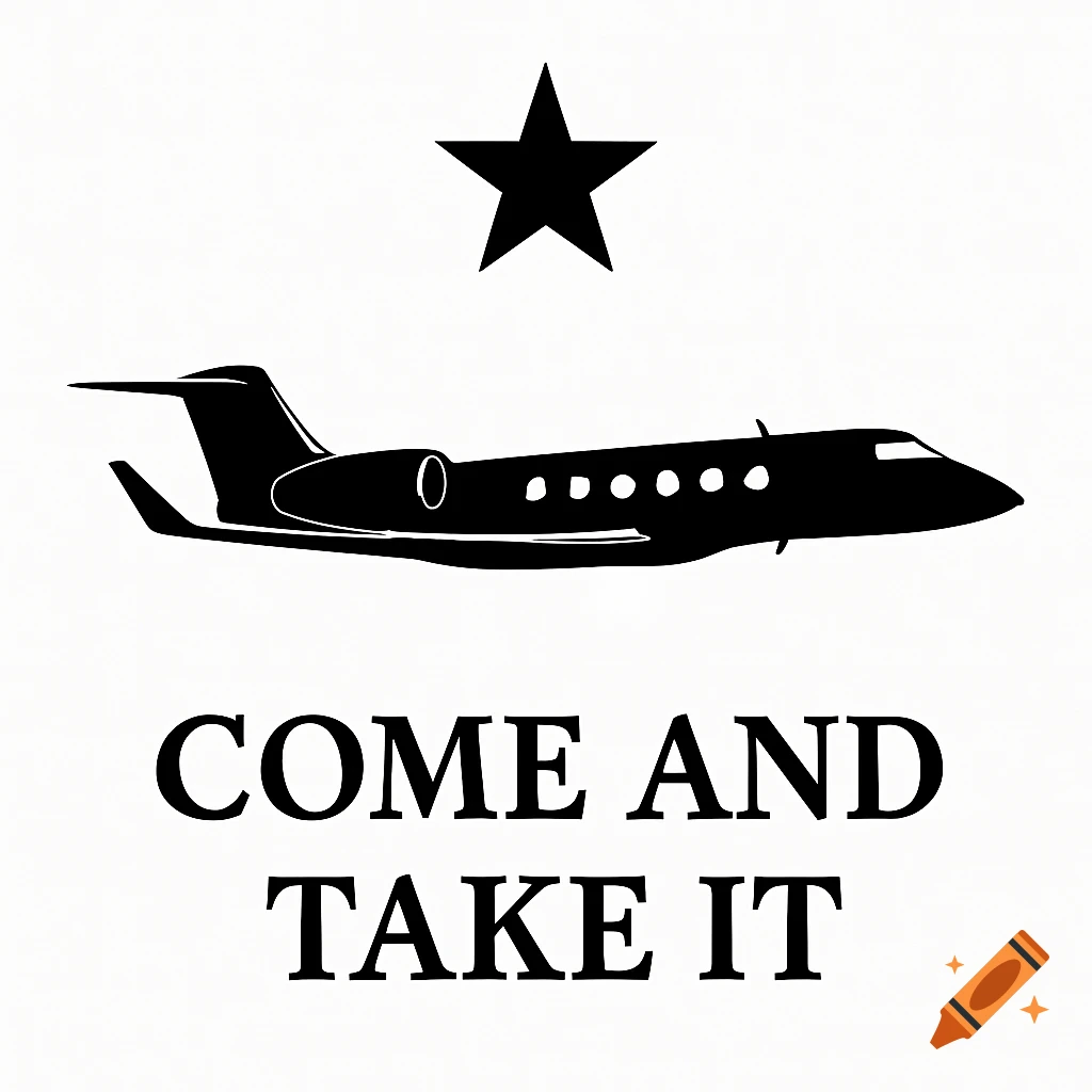 Black silhouette of a jet airplane with a star above it and the text "COME AND TAKE IT" below on a white background.