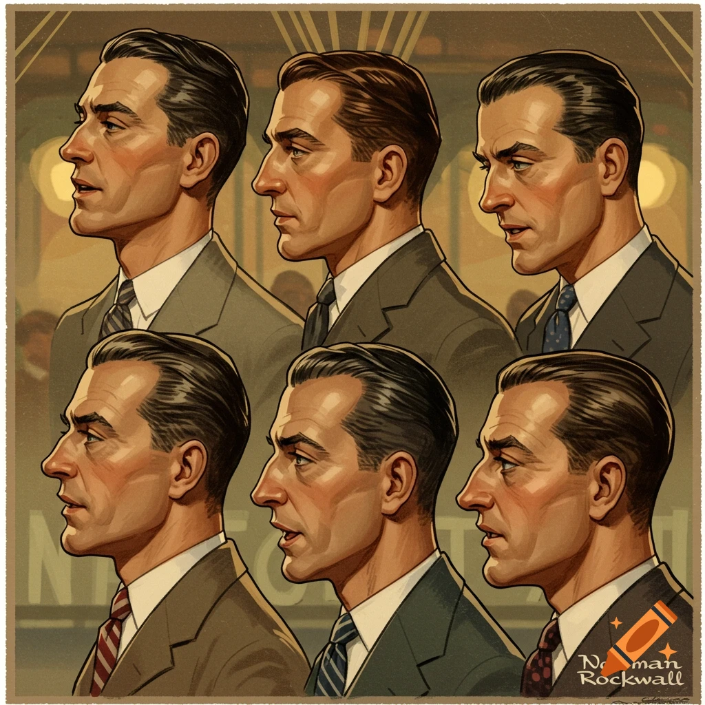 Six men's heads in profile, looking to the side, in a Norman Rockwell style illustration.