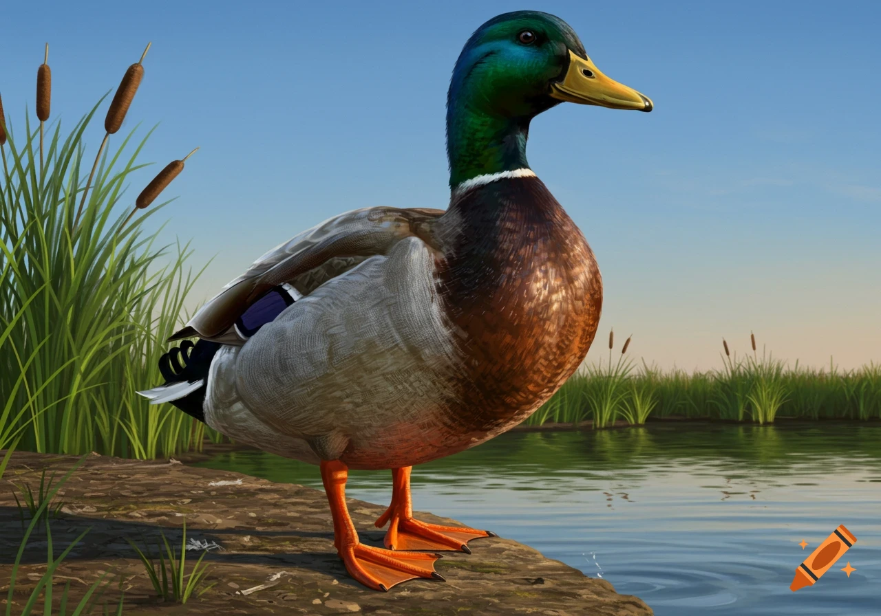 A detailed illustration of a male mallard duck standing on a bank next to water, with tall green grass and cat-tails in the background under a blue sky.