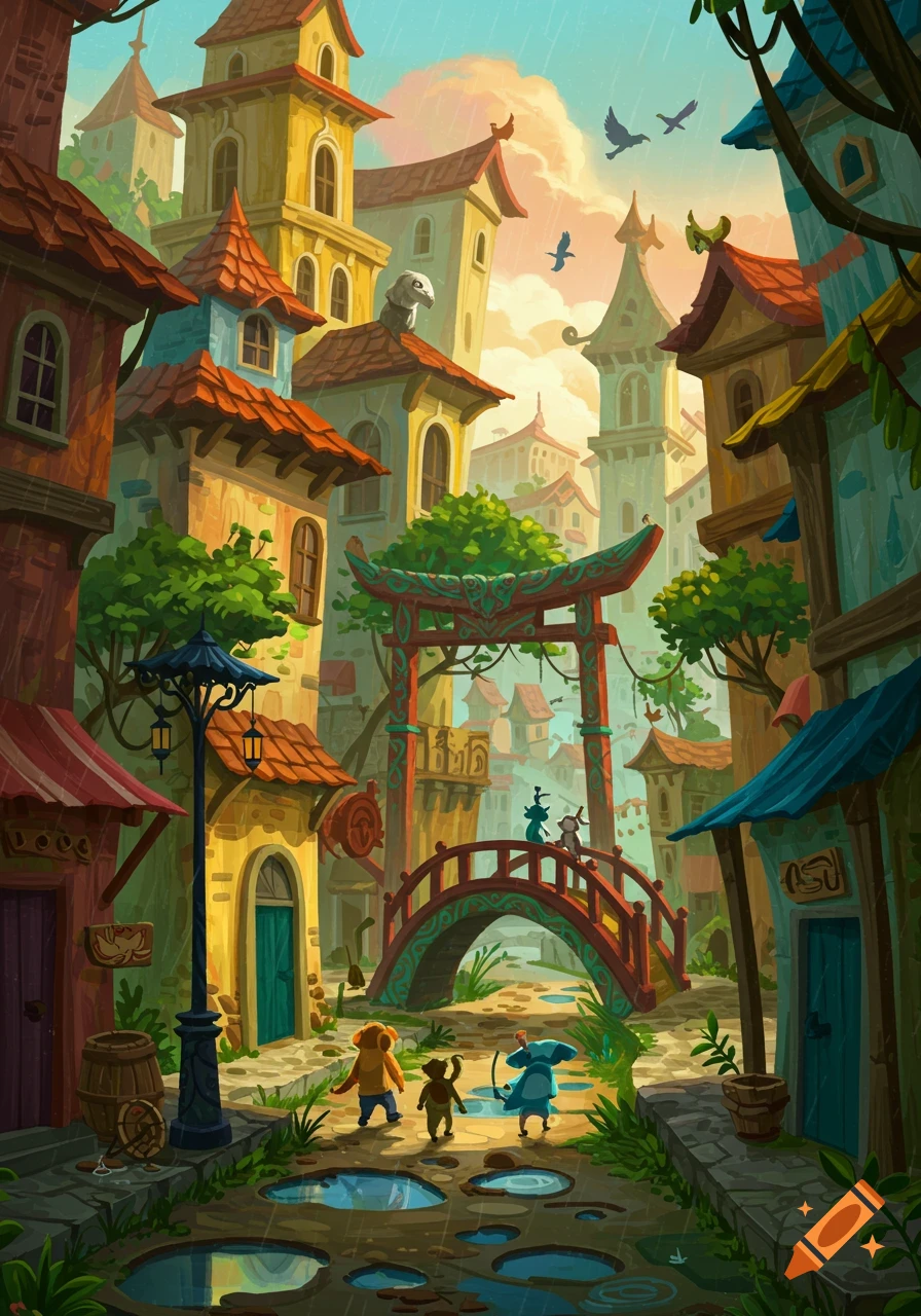 A whimsical cartoon illustration of a colorful city street with fanciful buildings, an oriental bridge, and two small animal-like figures walking in the rain.