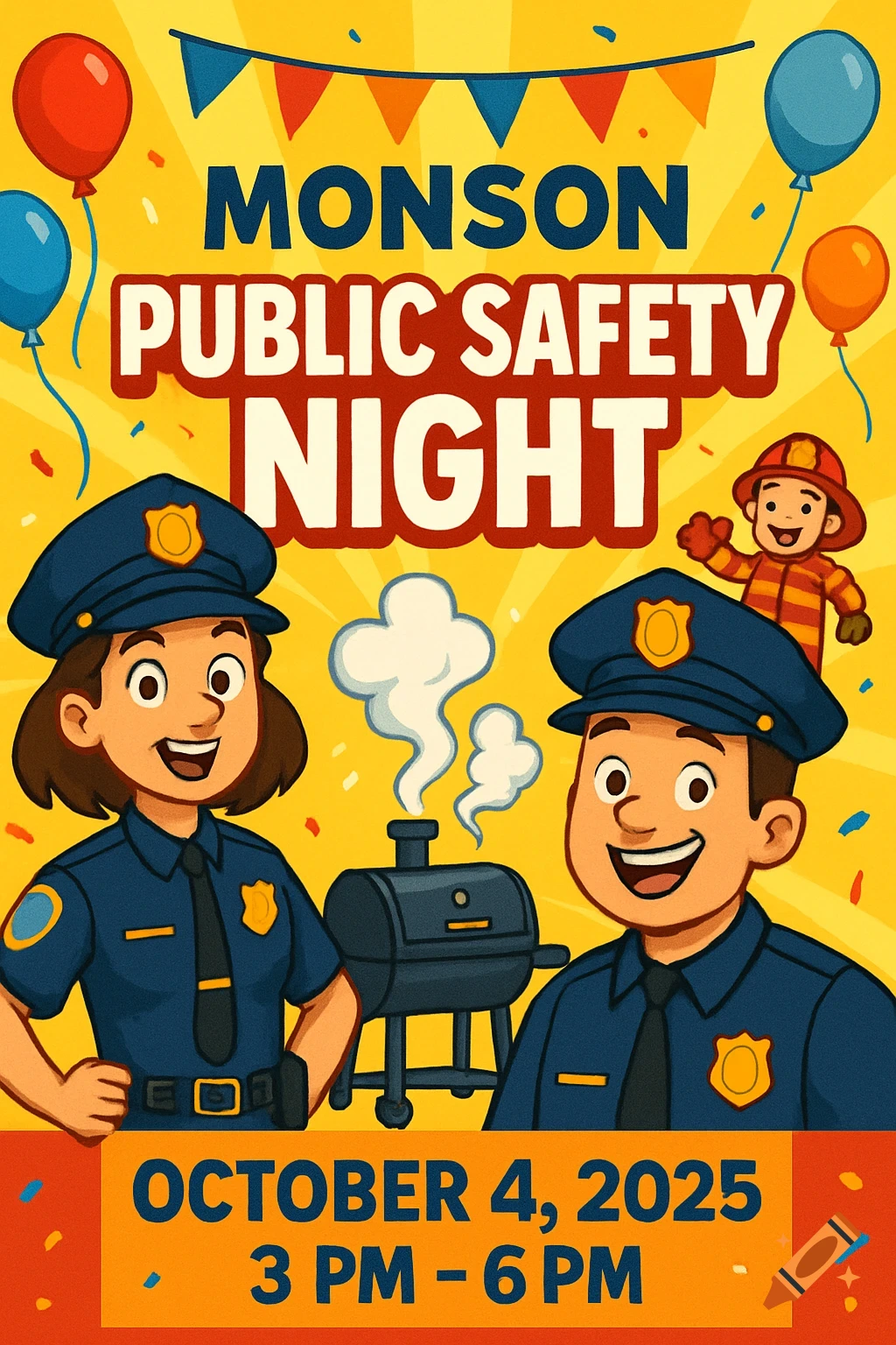 A cartoon flyer for Monson Public Safety Night, featuring two smiling police officers, a BBQ grill, a small firefighter, balloons, and event details.