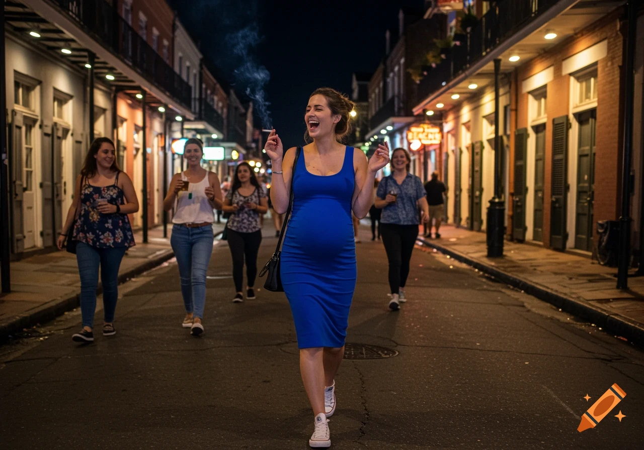 A pregnant woman in a blue dress walks down a lively street at night, smoking a cigarette and laughing with friends. Photorealistic style.
