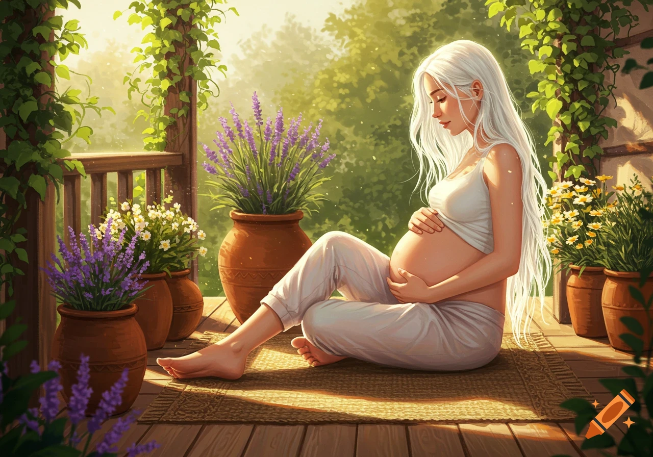 A serene pregnant woman with long white hair sits barefoot on a sunny wooden porch, gently cradling her belly amidst potted lavender flowers.