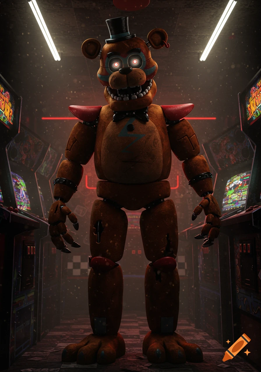 A brown animatronic bear with a top hat and glowing red eyes stands in a dimly lit arcade filled with colorful game machines.