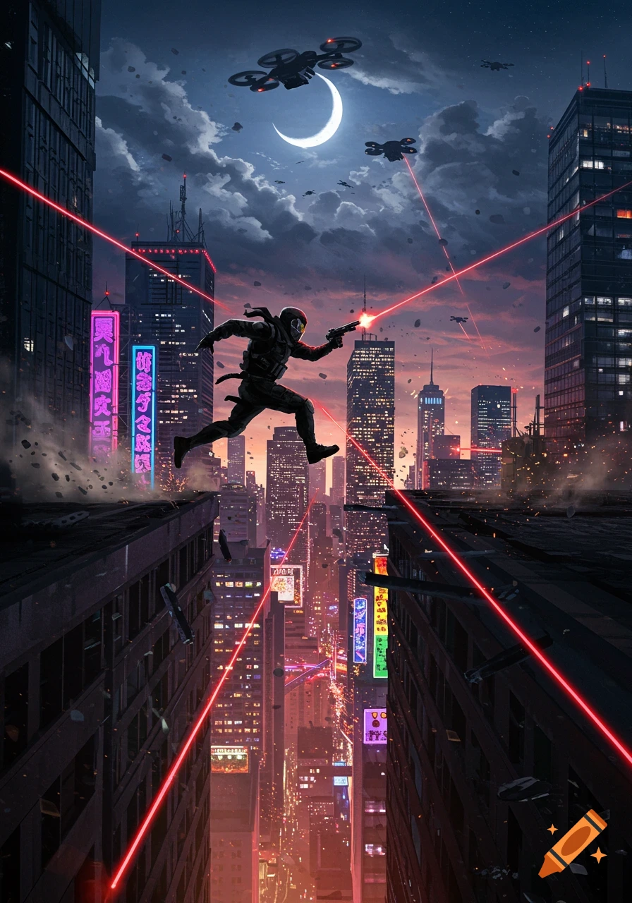 A character in tactical gear leaps across rooftops in a futuristic city, illuminated by neon signs, laser beams, and drones under a crescent moon.