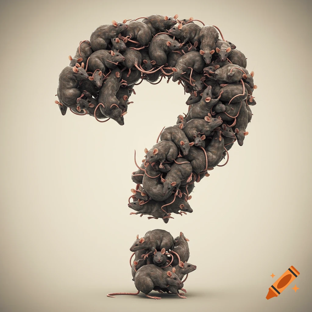 A question mark symbol formed by many realistic grey rats with pink tails, standing against a light, neutral background.