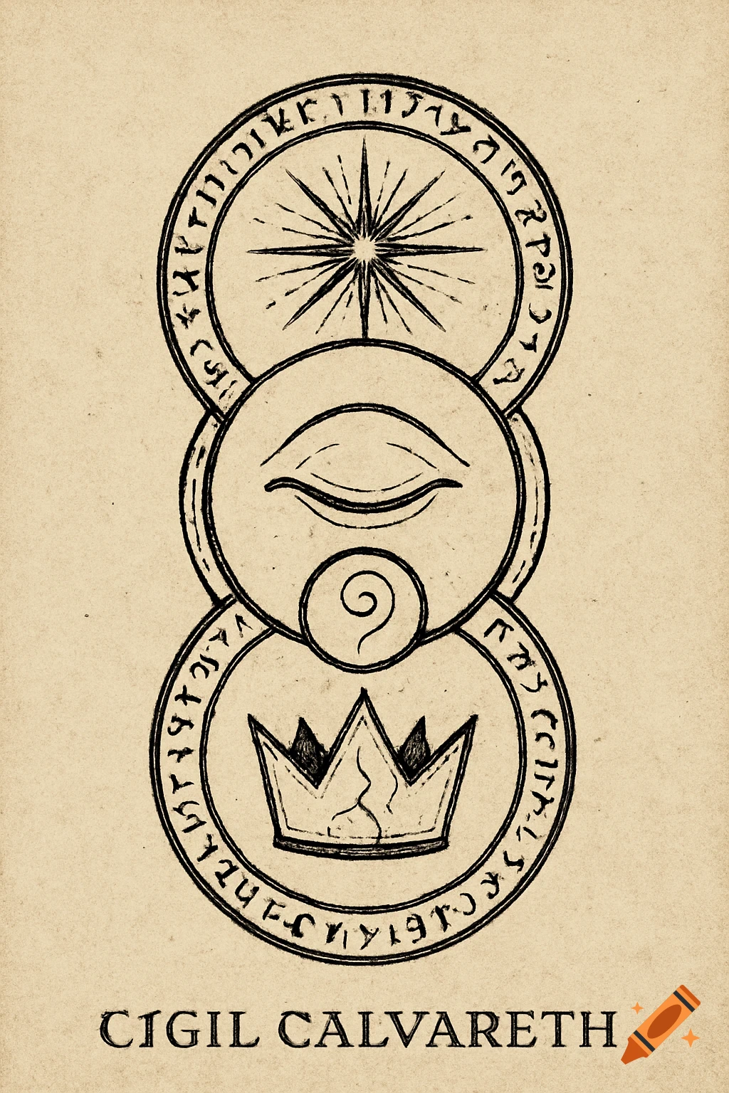 A hand-drawn mystical sigil on aged paper. Three vertical interwoven circles contain a starburst, a closed eye, and a broken crown, surrounded by invented runes. Below, the text reads "CIGIL CALVARETH".