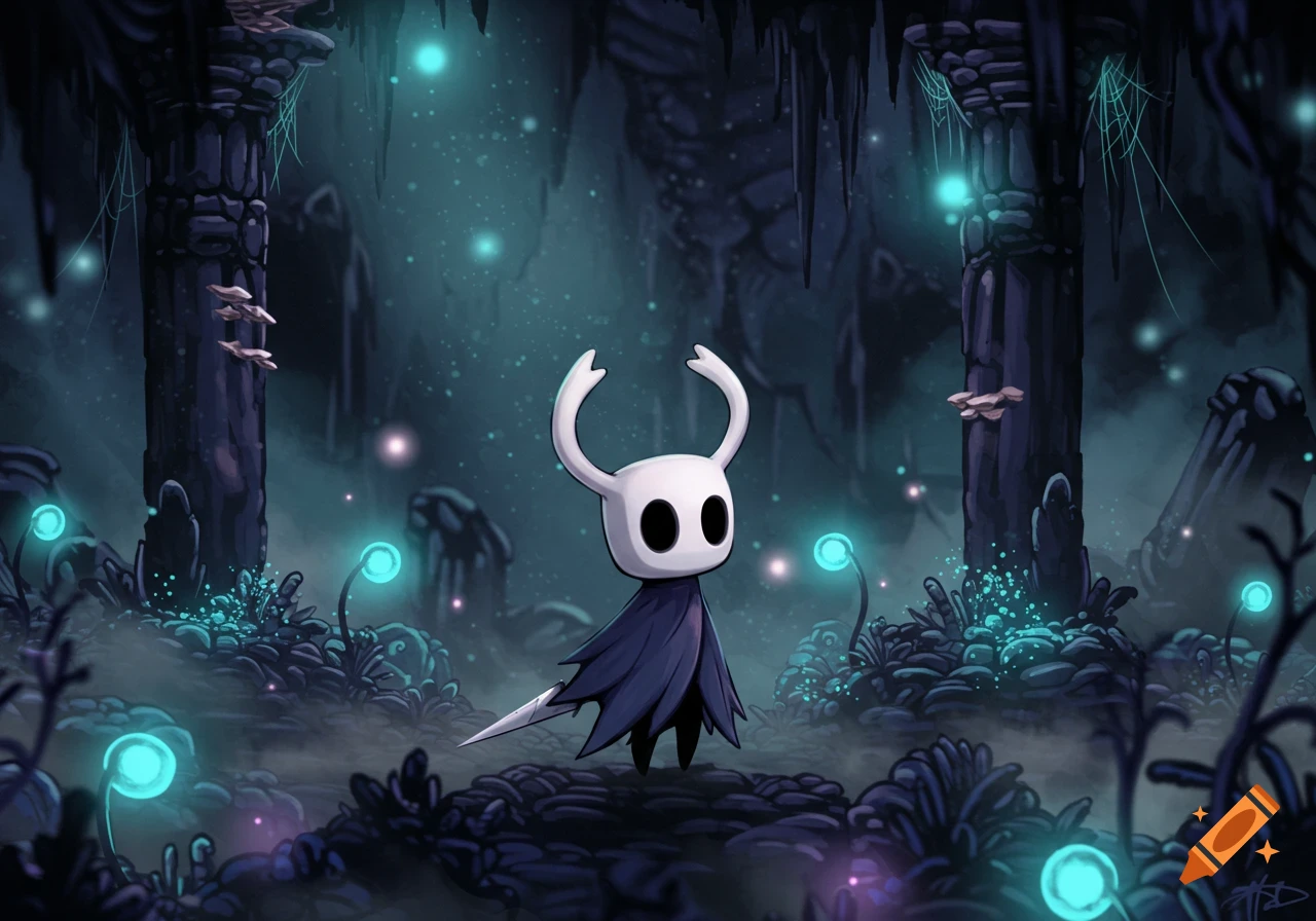 The Knight from Hollow Knight stands in a dark, bioluminescent cavern with glowing plants and pillars.