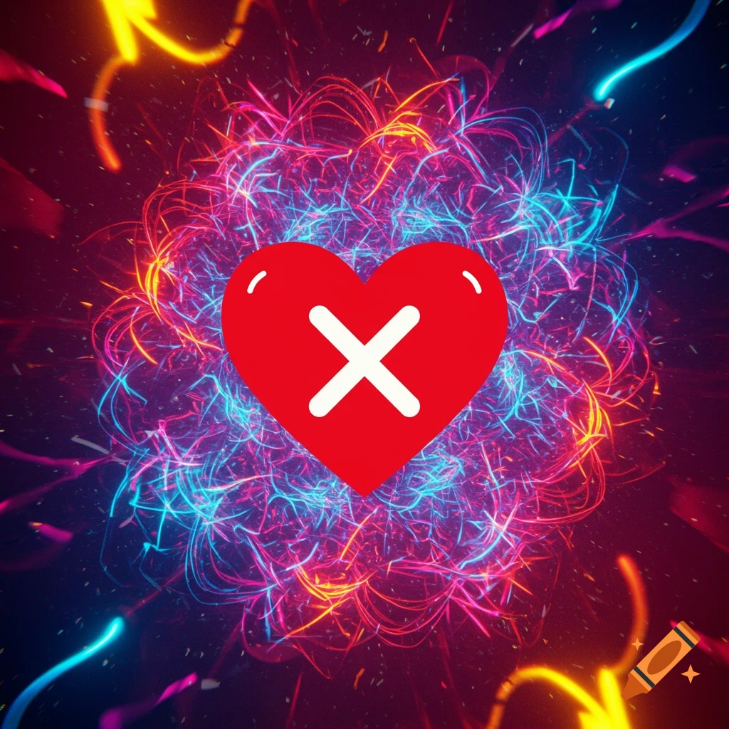 A vibrant red heart with a white X in the middle, set against a swirling, neon, abstract background of colorful light trails.