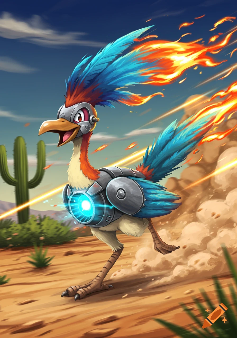A vibrant cartoon roadrunner with a jet engine runs through a desert, in a Pokemon art style.