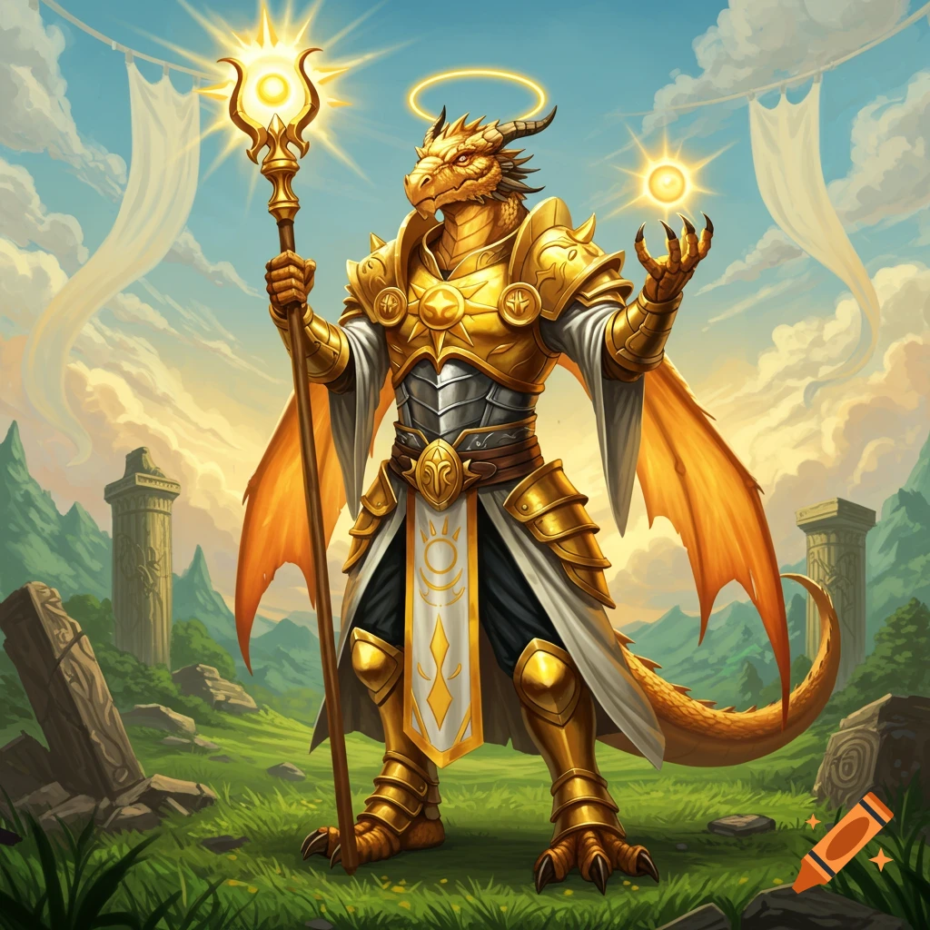 A golden armored Dragonborn cleric with a halo stands in a sunny field with ruins, holding a glowing staff and orb.