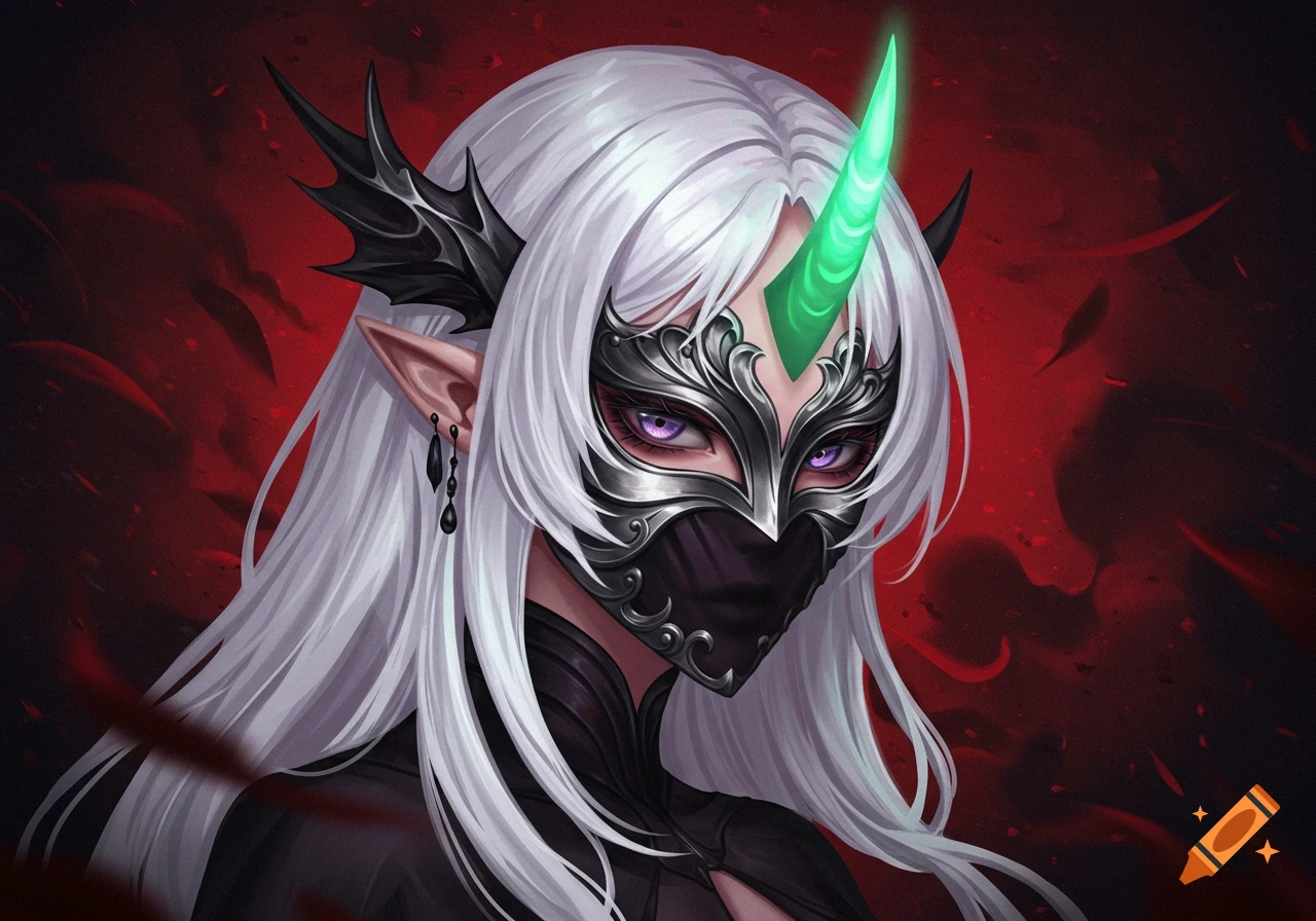 Anime girl with long white hair, purple eyes, an ornate silver mask, a glowing green horn, and black spiked headpieces, against a dark red background.