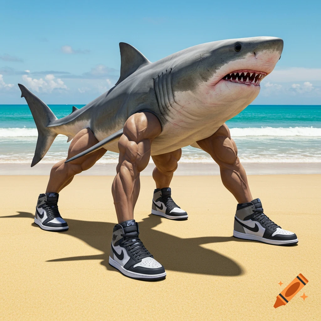A realistic shark with muscular human legs wearing Air Jordan sneakers stands on a sunny sandy beach by the ocean.